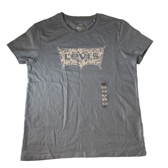 Levi's Women’s Perfect Tee Standard Fit Floral Spell Out Light Blue Small NWT - Picture 2 of 16